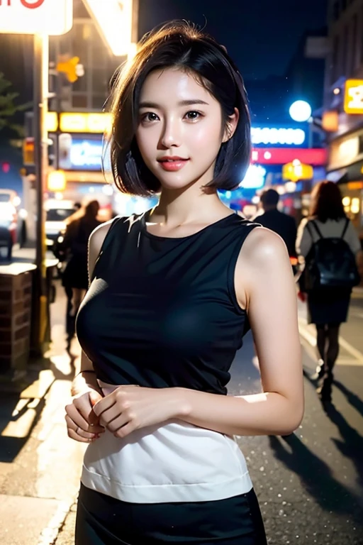 (a gorgeous young korean lady, detailed face with large expressive eyes, long eyelashes, symmetrical face, delicate features, ample bosom, kind smile, wearing black top and short skirt, standing on city street, highly detailed, 8k, masterpiece, masterful lighting, cinematic composition, photorealistic, volumetric lighting, vibrant colors, elegant, graceful, charming, bokeh, the_cowboy_shot, lonely night)