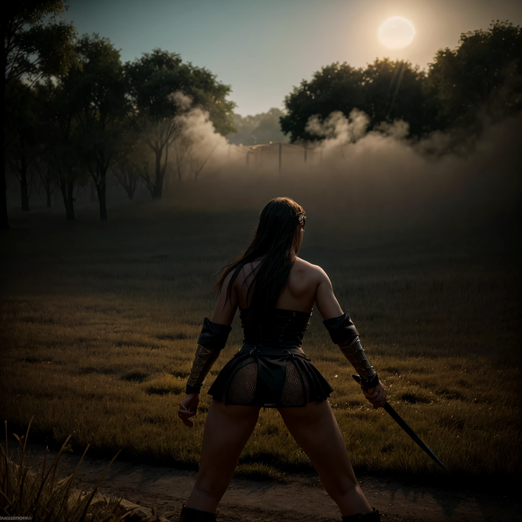 A medieval Goddess warrior fighting in the battlefield, dressed in black, laced dress, torn dress, full body, work of malediction and death, The Great One of the Night of Time, stand up and shout. nt pose. Realistic hands. Ball of fire in hand. [The character is surrounded by mist, evoking a mysterious and eerie atmosphere. The lighting is dark and atmospheric, with smoke adding a touch of sinister ambiance. Best quality image, HDR enhancement, showcasing the utmost level of detail and realism, full body shot:1.5]. [8K, Best Quality, Ultra High Resolution, (highly detailed CG unity 8k wallpaper), (best photo), cry, (best shadows), isometric 3D, octane rendering, ray tracing, highly detailed, (Best quality, 4K, 8k:1.2), absurdity, ultra detailed, (realistic, photorealistic, photorealistic:1.37), complex parts, HDR, (complex parts:1.12), (hyper detailed, hyper realistic, Soft lighting, spicy:, (complex parts, Hyper detailed:1.15). Blurred foreground. (backlit), masterpiece, high quality, brightness, chromatic aberration, foggy smoke, shadows, contrast, clear sky, (warm hue, warm tone), high details, natural reflections]. (YES SFW)