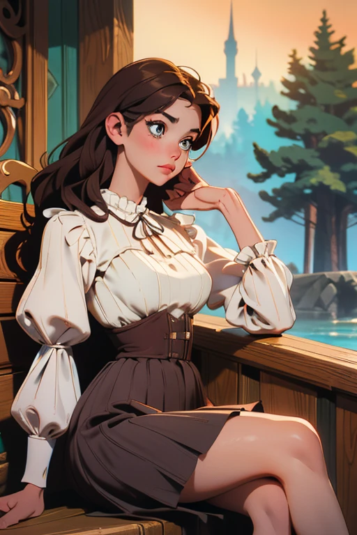 beautiful Spanish woman, living in the middle ages; dressed in her regular attire, but very tight around her chest; Her breasts look prominent because of the corset she wears; Her breasts look exquisite; she has wide hips and soft thighs; She is sitting on a wooden bench, next to a bucket of water; She is bent over so she can see her voluminous breasts; She has a dark brown hair, light honey eyes, delicate and soft skin; She is wearing a short sleeved blouse with ribbed sleeves; the blouse is semi-transparent; Through the opening of her skirt you can see her beautiful and delicate legs, with soft and virgin skin; intrinsic details, masterpiece, cinematographic work; angelic expression, warm expression; sensually suggestive pose
