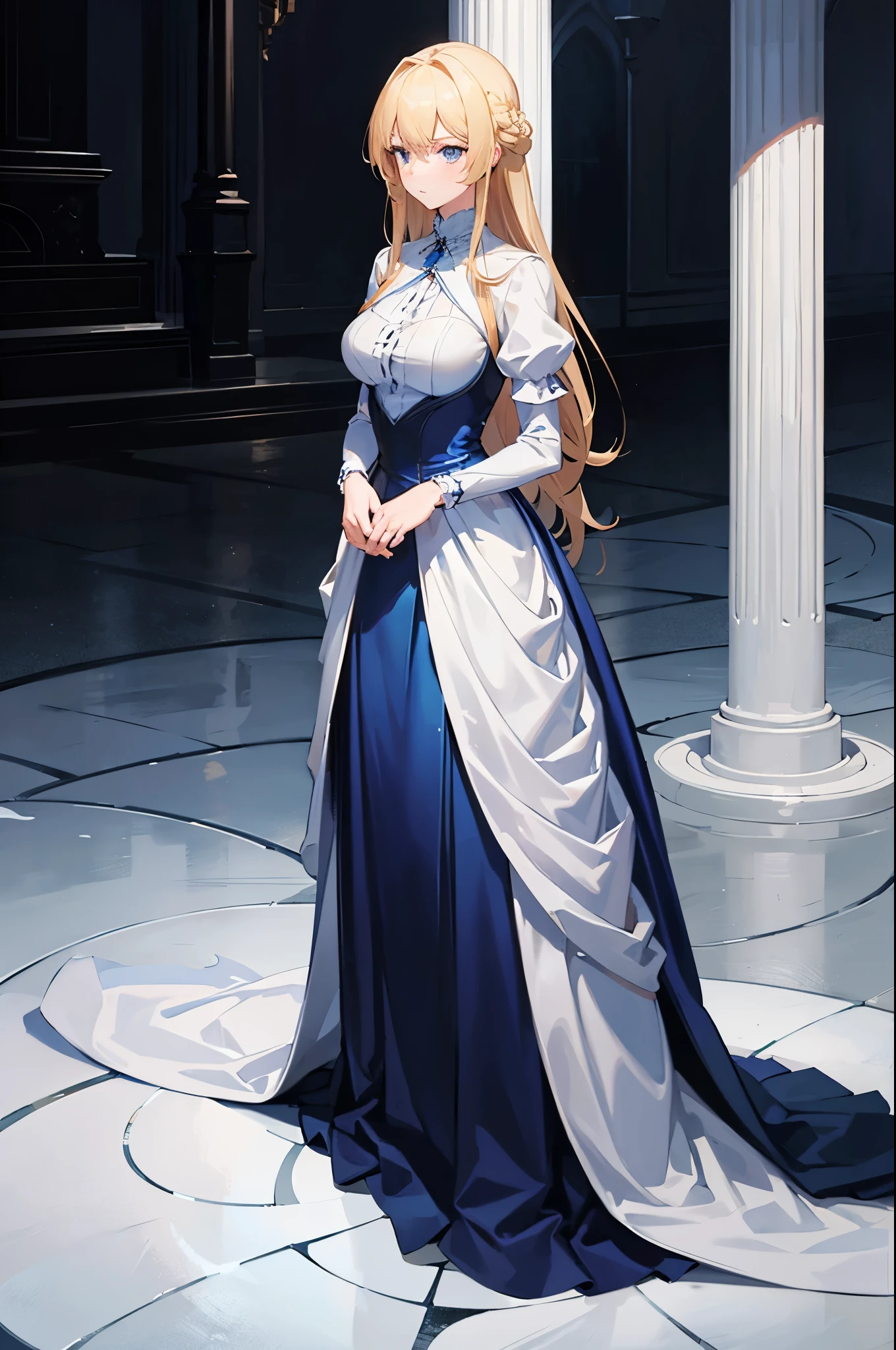 1 woman, tall, blonde hair, blue eyes, formal dress, standing on ground, high res, ultra sharp, 8K, masterpiece