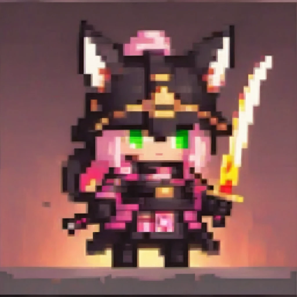  A chibi female character in pink and black samurai armor from a historical fantasy, holding a glowing katana. She has fox ears and a tail, glowing green eyes, and delicate oni horns. The katana emits a fire elemental glow, and she is in a dynamic fighting pose. The artwork features cinematic lighting and moody colors, in a digital art, concept art style.