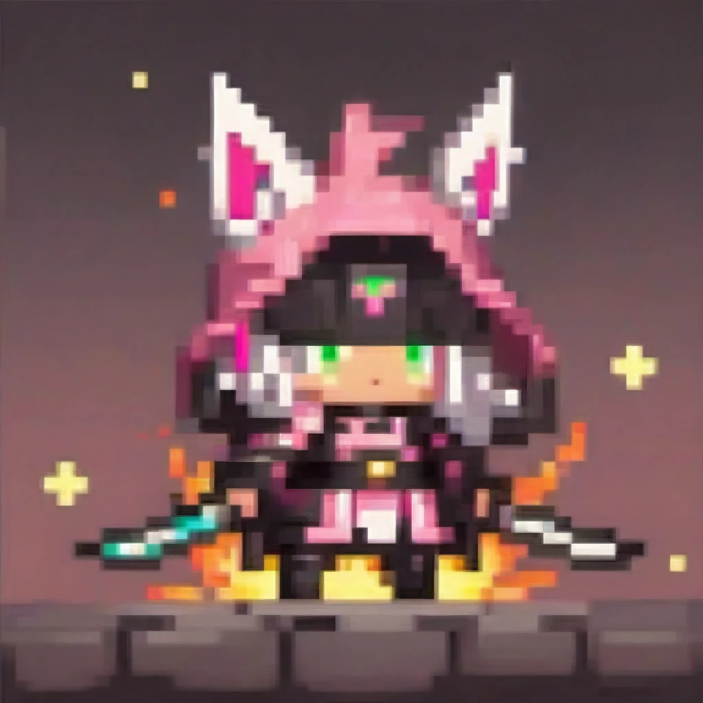  A chibi female character in pink and black samurai armor from a historical fantasy, holding a glowing katana. She has fox ears and a tail, glowing green eyes, and delicate oni horns. The katana emits a fire elemental glow, and she is in a dynamic fighting pose. The artwork features cinematic lighting and moody colors, in a digital art, concept art style.