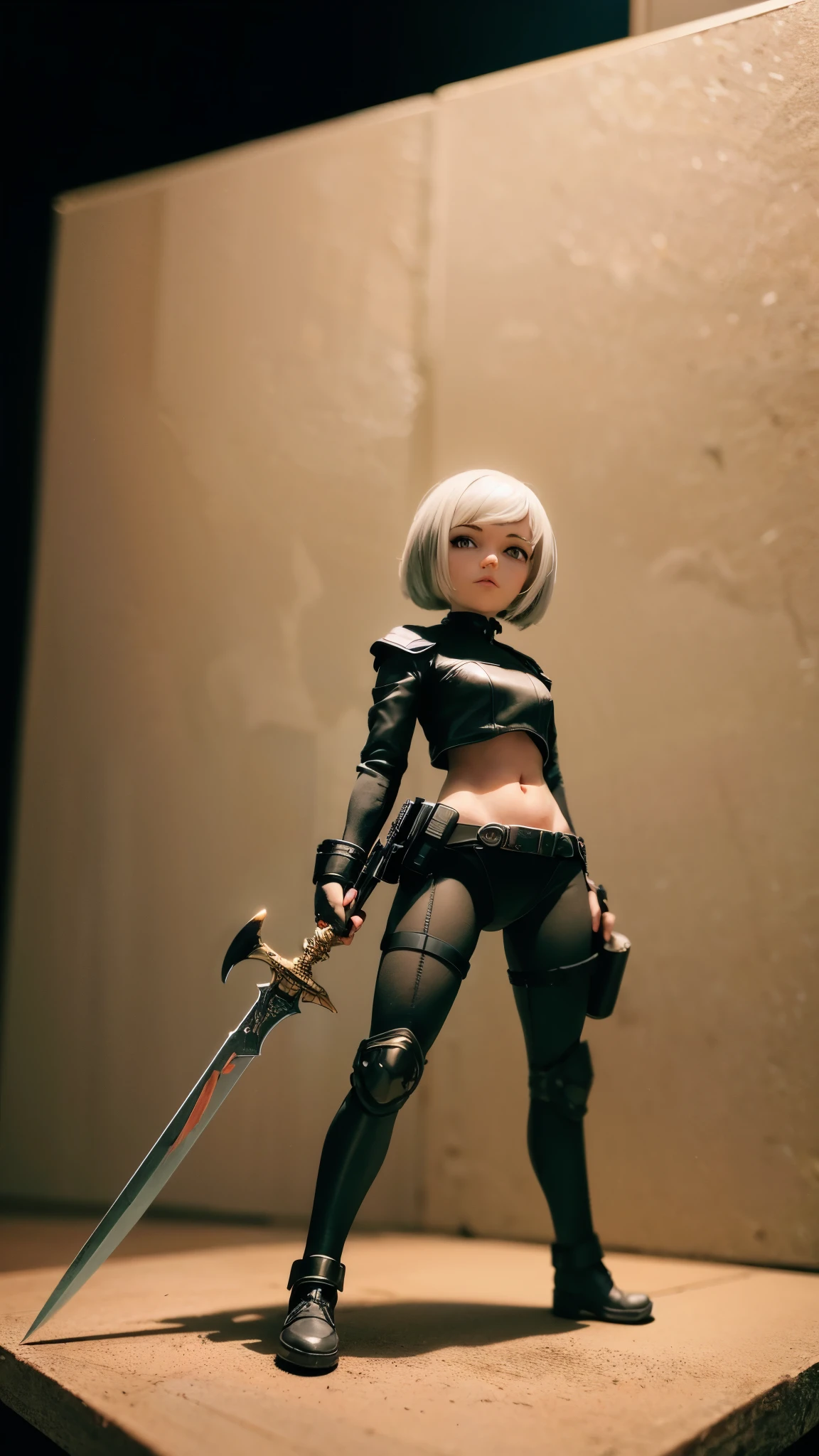 Masterpiece, Tabletop Figures, Highest quality, 4K, The face is precise(((must))), concept art, best shot, Holding a beautifully decorated long sword, Taking a stance for Iainuki, head to toe((must)), A photo taken from a low angle of a gray haired Russian girl in her early 20s, Wearing jet black protector, cutting edge protective gear,  The background is a battlefield diorama, Ilya Kuvshinov's style