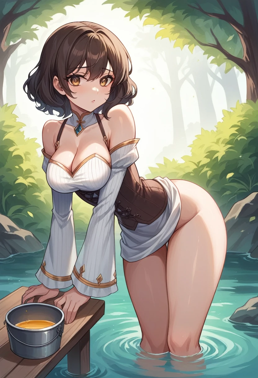 beautiful Spanish woman, living in the middle ages; dressed in her regular attire, but very tight around her chest; Her breasts look prominent because of the corset she wears; Her breasts look exquisite; she has wide hips and soft thighs; She is sitting on a wooden bench, next to a bucket of water; She is bent over so she can see her voluminous breasts; She has a dark brown hair, light honey eyes, delicate and soft skin; She is wearing a short sleeved blouse with ribbed sleeves; the blouse is semi-transparent; Through the opening of her skirt you can see her beautiful and delicate legs, with soft and virgin skin; intrinsic details, masterpiece, cinematographic work; angelic expression, warm expression; sensually suggestive pose