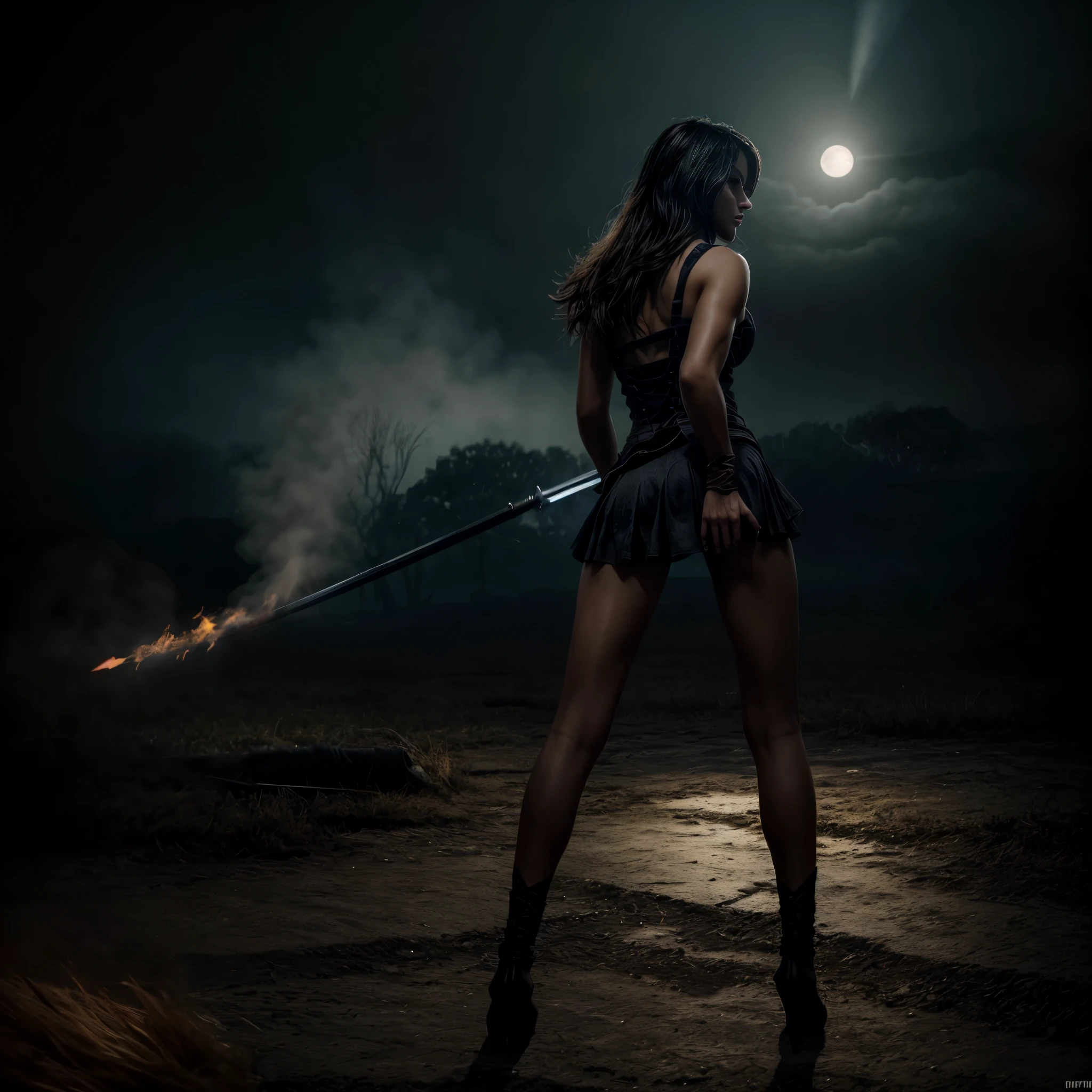 A medieval Goddess warrior fighting in the battlefield, dressed in black, laced dress, torn dress, full body, work of malediction and death, The Great One of the Night of Time, stand up and shout. Dominant pose. Realistic hands. Ball of fire in hand. [The character is surrounded by mist, evoking a mysterious and eerie atmosphere. The lighting is dark and atmospheric, with smoke adding a touch of sinister ambiance. Best quality image, HDR enhancement, showcasing the utmost level of detail and realism, full body shot:1.5]. [8K, Best Quality, Ultra High Resolution, (highly detailed CG unity 8k wallpaper), (best photo), cry, (best shadows), isometric 3D, octane rendering, ray tracing, highly detailed, (Best quality, 4K, 8k:1.2), absurdity, ultra detailed, (realistic, photorealistic, photorealistic:1.37), complex parts, HDR, (complex parts:1.12), (hyper detailed, hyper realistic, Soft lighting, spicy:1.2), (complex parts, Hyper detailed:1.15). Blurred foreground. (backlit), masterpiece, high quality, brightness, chromatic aberration, foggy smoke, shadows, contrast, clear sky, (warm hue, warm tone), high details, natural reflections]. (YES SFW)