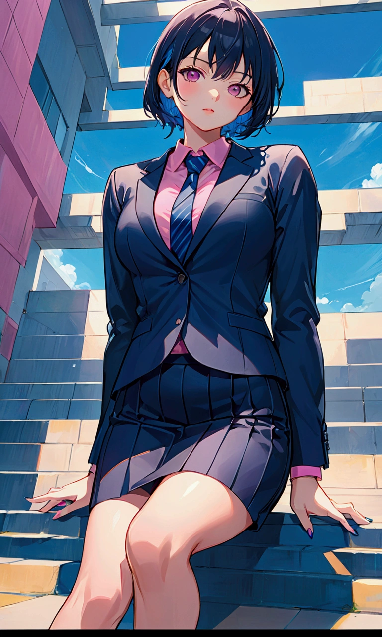realistic anime illustration of a young beautiful woman standing and looking at viewer at campus, she wearing navy-blue blazer, pink shirt with navy-blue tie, navy-blue pencil skirt, black heel cutshoes, (1girl, solo, full body), (masterpiece, best quality), vivid colors