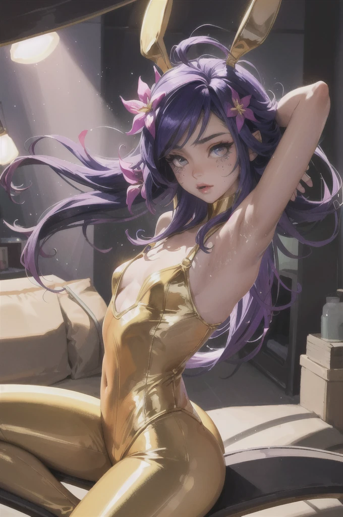 ((Cinematic light, Best quality, 8k, Masterpiece :1.3)), 1girl, Beautiful woman with thin abs :1.4, (purple hair, small breasts :1.3), rope panties, bra :1.2, hopefully falling, seductive open lips, sofa, ultra-detailed face, detailed eyes, double eyelidwork, best quality, Neeko, hair ornaments, hair flower, body paint, calango tail, trying to be sexy,(( golden bunnysuit)),  showing sweaty armpits, steamy, teasing, golden see-through pantyhose, tight, undersized clothes, ass view, pantyline, ass focus, back view