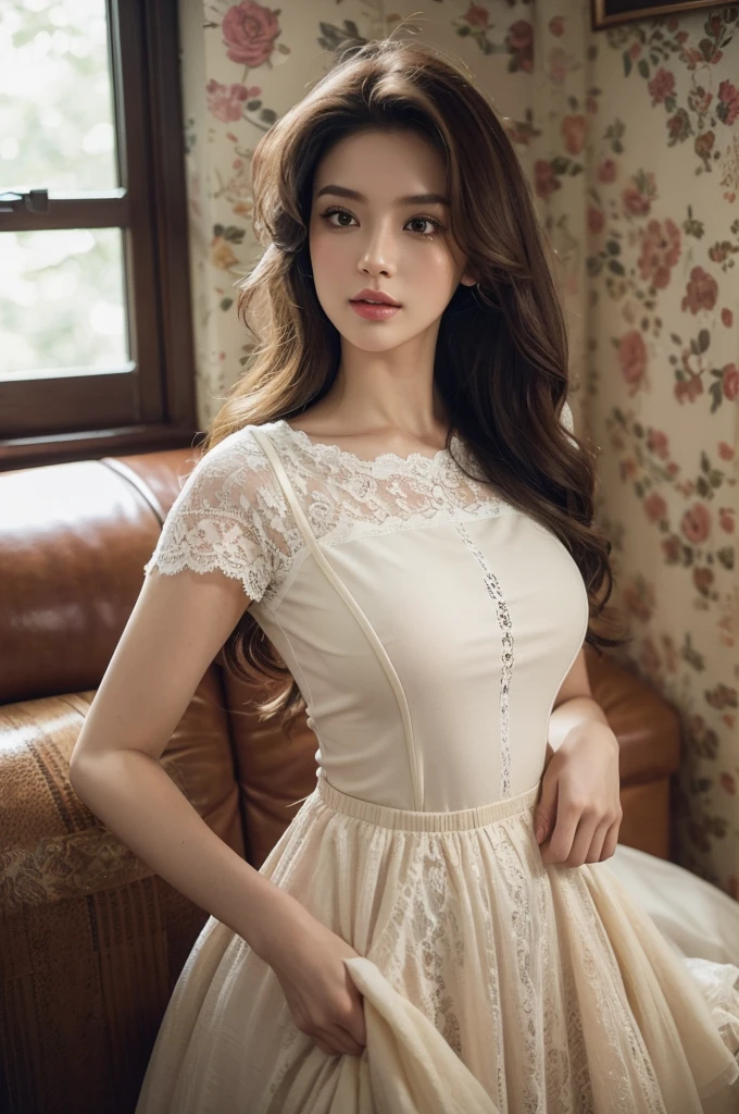 a stunningly realistic, high resolution 8K photo of a beautiful 30-year-old woman, ((messy side wave long hair)), and a glamorous figure, dramatic lighting, masterpiece, immersive atmosphere, chiaroscuro:(1.5, bright light:1.2, luminous lighting), (background blur:1.5), blurring, best quality, photorealistic, ultra-detailed, HDR, physically-based rendering, studio lighting, vivid colors, bokeh, (real skin texture:1.3), high contrast, (Fuji Color:1.5), Film grain, seductive detailed eyes and face, dynamic lighting, in the dark, deep shadow, low key, cowboy shot, Light on Face, very detailed lips, Detailed eyes, City Street，hyperdetailed face, very detailed lips, Detailed eyes, (Wear clothes that show the lines of your body),(Lace costumes:1.2), Retro atmosphere, perhaps vintage decor with pastel colors. An old living room with walls decorated with retro wallpaper, wooden furniture, vintage accessories. A warm and intimate atmosphere.