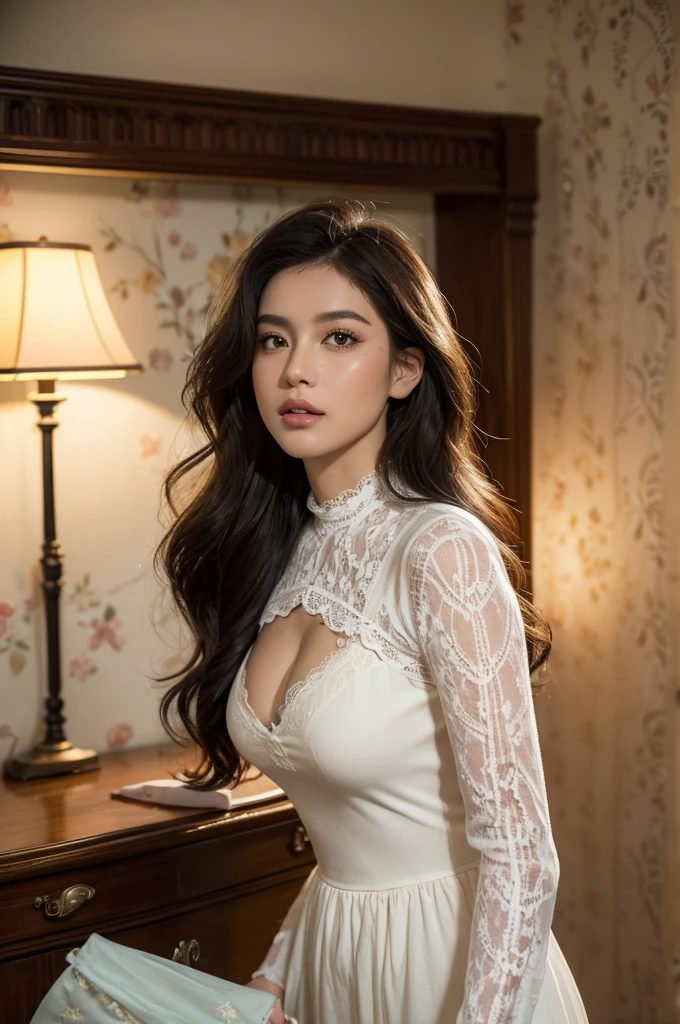 a stunningly realistic, high resolution 8K photo of a beautiful 30-year-old woman, ((messy side wave long hair)), and a glamorous figure, dramatic lighting, masterpiece, immersive atmosphere, chiaroscuro:(1.5, bright light:1.2, luminous lighting), (background blur:1.5), blurring, best quality, photorealistic, ultra-detailed, HDR, physically-based rendering, studio lighting, vivid colors, bokeh, (real skin texture:1.3), high contrast, (Fuji Color:1.5), Film grain, seductive detailed eyes and face, dynamic lighting, in the dark, deep shadow, low key, cowboy shot, Light on Face, very detailed lips, Detailed eyes, City Street,hyperdetailed face, very detailed lips, Detailed eyes, (Wear clothes that show the lines of your body),(Lace costumes:1.2), Retro atmosphere, perhaps vintage decor with pastel colors. An old living room with walls decorated with retro wallpaper, wooden furniture, vintage accessories. A warm and intimate atmosphere.