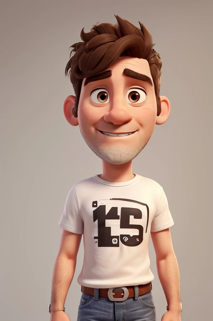 white man, 40 years old, bad face, short shaved beard, short messy brown hair, brown eyes, white t-shirt, jeans, black sneakers with white stripes, high definition, Pixar 3D style, 16k