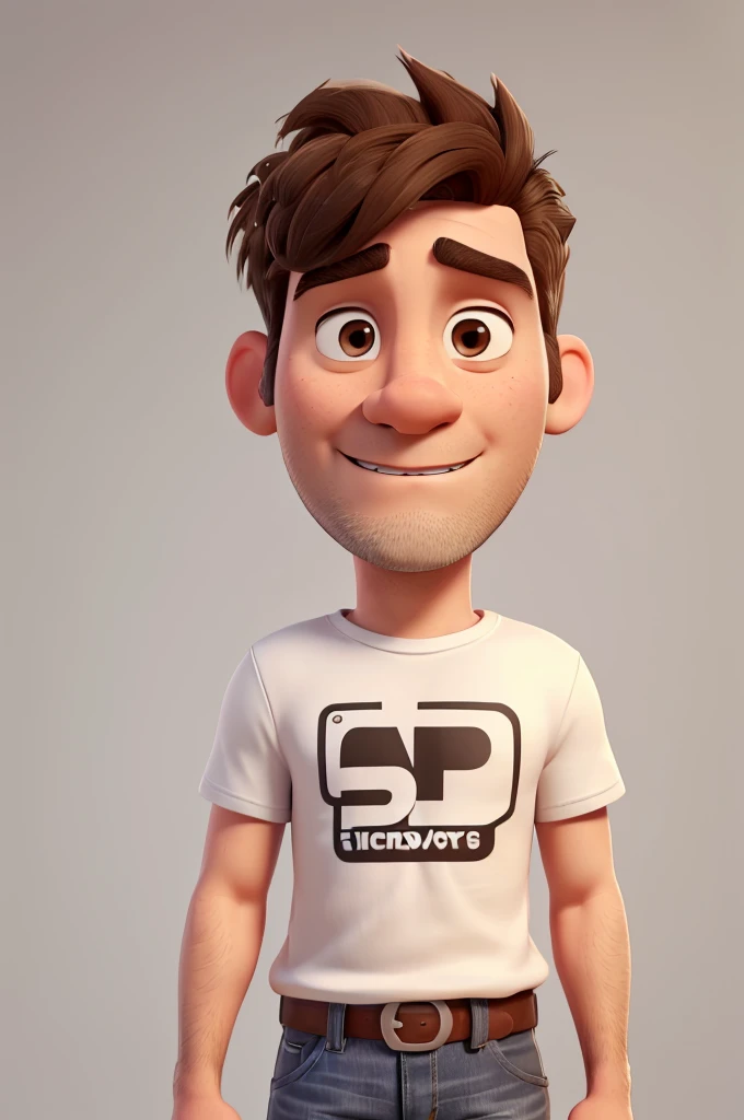 white man, 40 years old, bad face, short shaved beard, short messy brown hair, brown eyes, white t-shirt, jeans, black sneakers with white stripes, high definition, Pixar 3D style, 16k