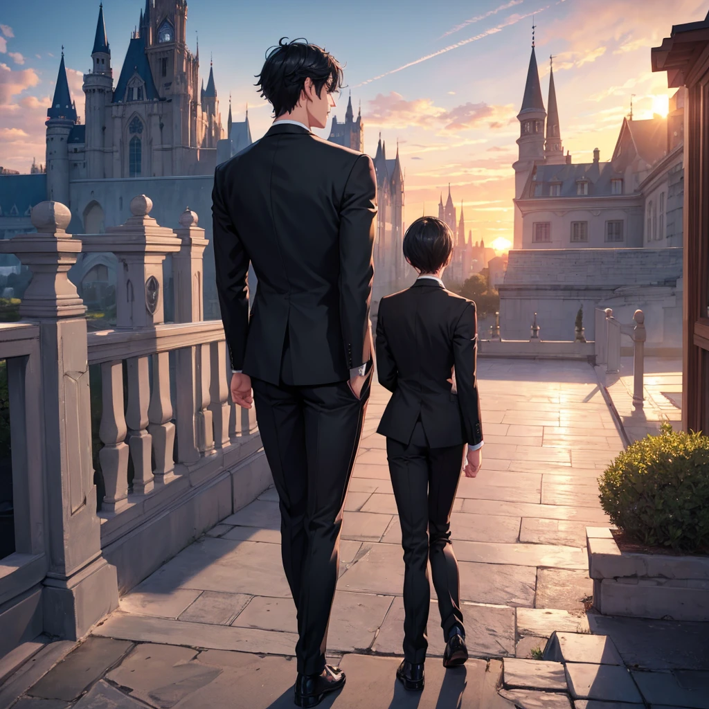 1boy, short black hair, light blue eyes, wearing all black suits, castle, sunset, high res, ultrasharp, 8k, masterpiece, looking at viewer from behind