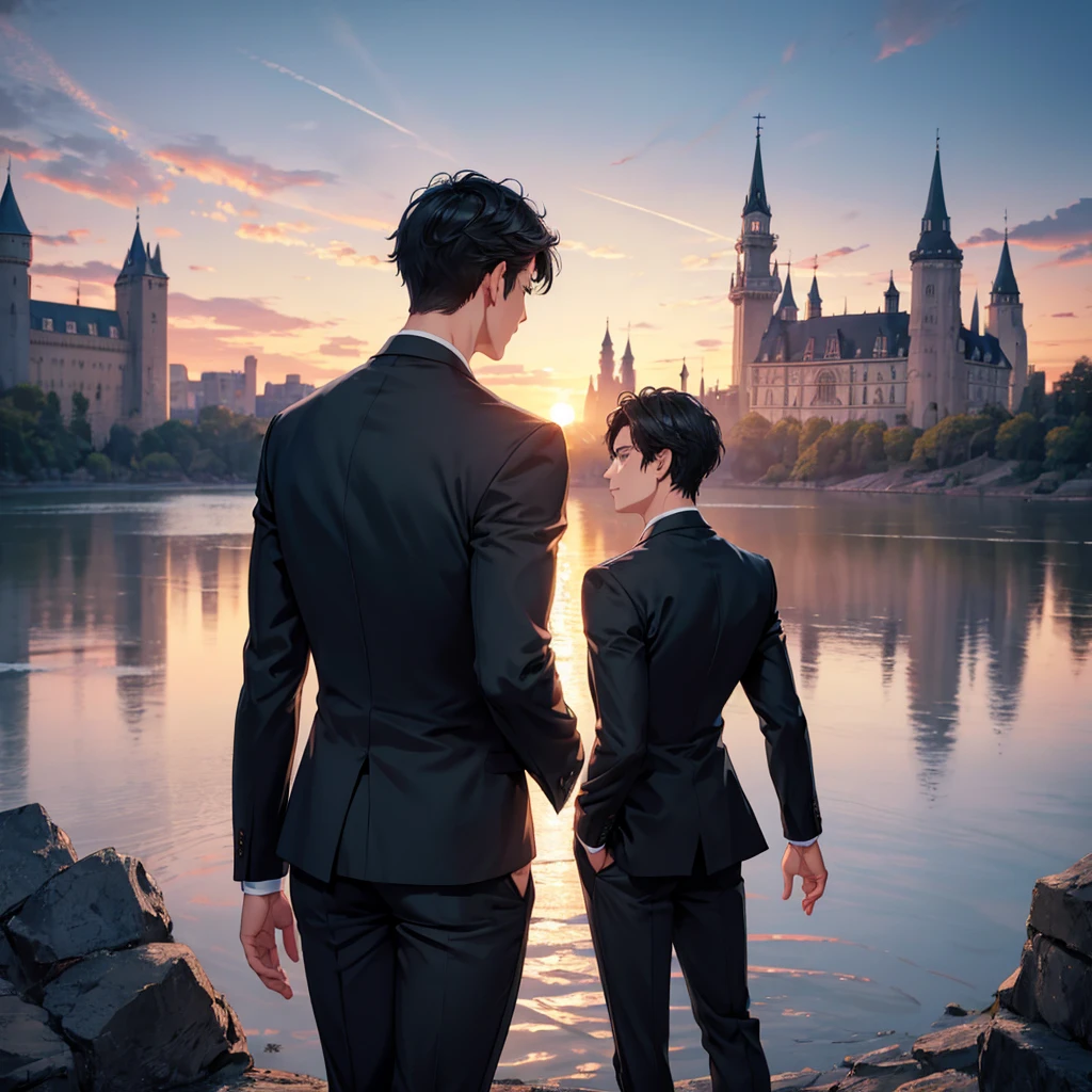 1boy, short black hair, light blue eyes, wearing all black suits, castle, sunset, high res, ultrasharp, 8k, masterpiece, looking at viewer from behind