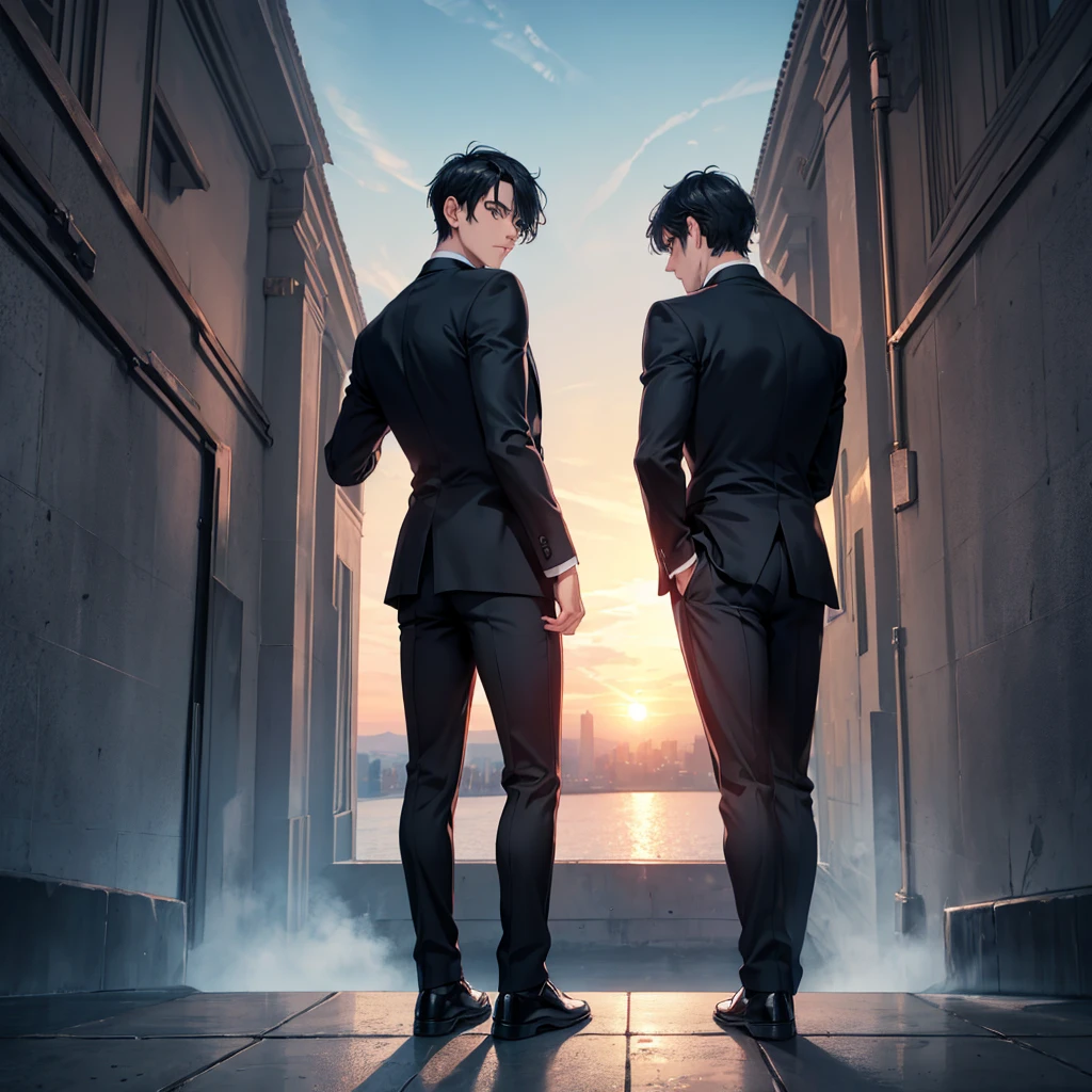 1boy, short black hair, light blue eyes, wearing all black suits, castle, sunset, high res, ultrasharp, 8k, masterpiece, looking at viewer from behind