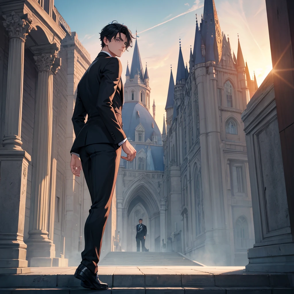 1boy, short black hair, light blue eyes, wearing all black suits, castle, sunset, high res, ultrasharp, 8k, masterpiece, looking at viewer from behind