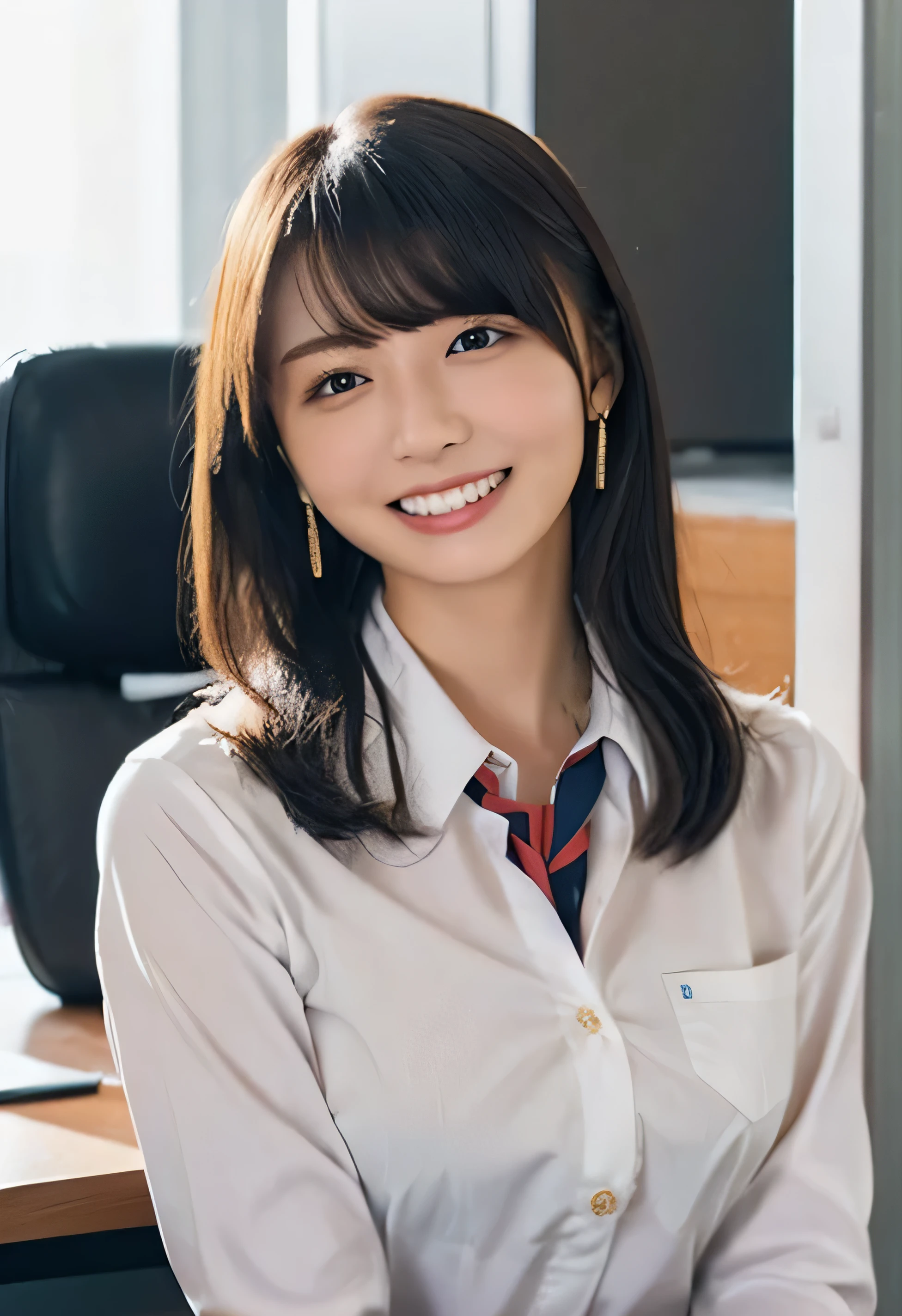 (White collared shirt、ponytail、Tied up hairstyle、Photo from the waist up:1.4).One Girl, Cool Biz、(Put your hands on the desk and stick your butt out、office、Her natural G-cup breasts are visible even through her clothes、Office Lady Uniform、Cute beauty, Delicate girl:1.3), (24-years-old:1.3),(Smiling with teeth showing、Cute smiling eyes、Cute loose perm、(Fluffy hair、Loose perm、Braid only the bangs:1.4)Braid only the bangs、Fluffy hair、Medium Short Hair、Wearing an office lady skirt、Round and ample breasts、Curved waist、Photo from the waist up:1.4)
Very beautiful eyes, (Office Lady Uniform:1.3), (G-cup big breasts:0.5), Brown eyes, Parted bangs, Light brown hair,
, A face of ecstasy、(The expression of ecstasy、A face of ecstasy:1.0),
, (masterpiece, Highest quality, Super detailed, Detailed face, 8k)