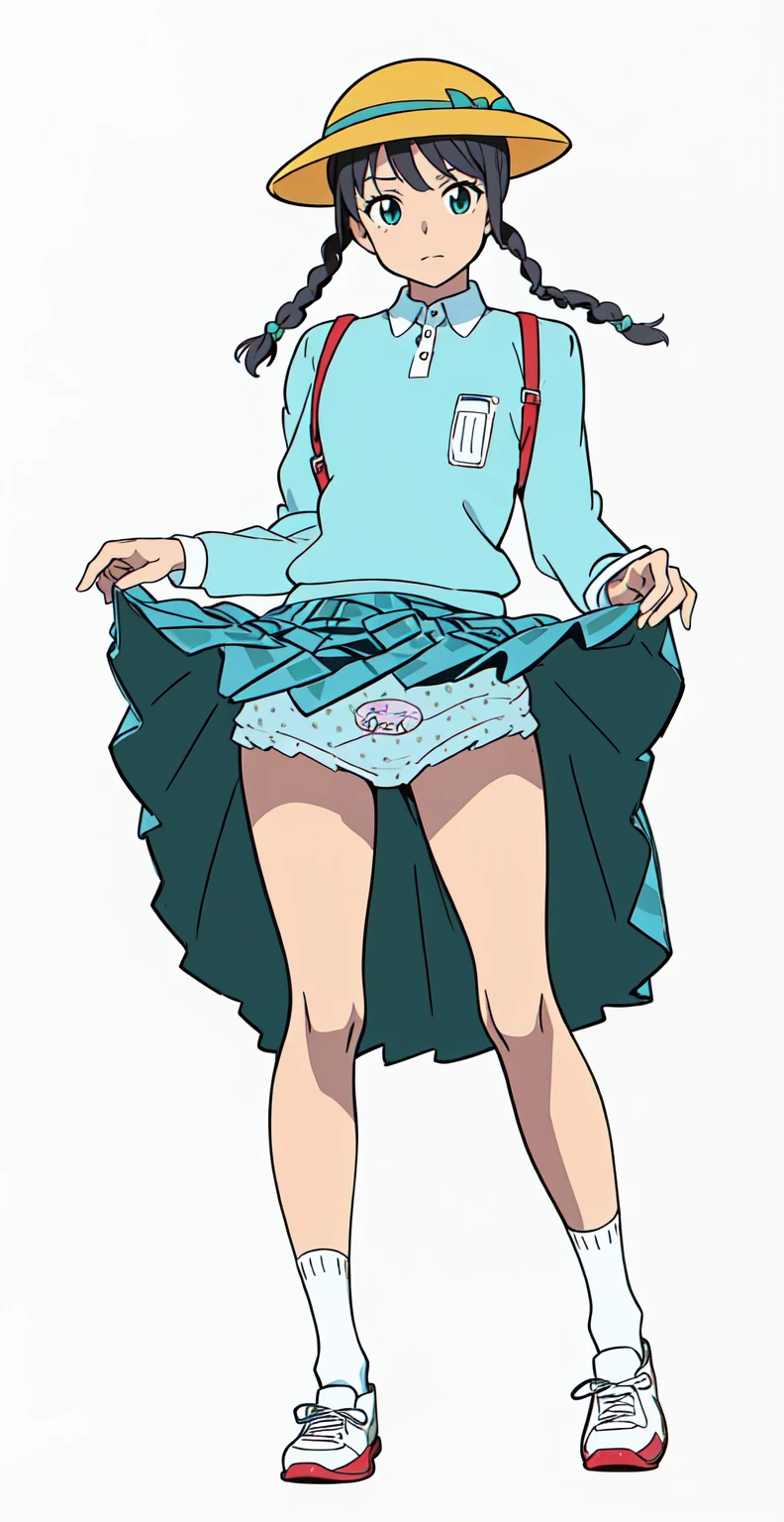 (white background:1.0), (best quality:1.0), (masterpiece:1.0), (super fine illustration:1.0), (beautiful artwork:1.0), (anime screencap:1.0), (official art:1.0), (full body:1.0), (solo:1.0), (ESGA:1.0), (a 12yo cute girl:1.0), (yellow hat:1.0), (red backpack:1.0), (long skirt:1.0), (green tartan skirt:1.0), (pleated skirt:1.0), (aqua blue polo shirt:1.0), (long sleeve polo shirt:1.0), (sneakers:1.0), (white socks:1.0), (ideal ratio body proportions:1.0), (lanky:1.0), (tall:1.0), (slender:1.0), (small breasts:1.0), (smaller face:1.0), (tareme:1.0), (detailed beautiful eyes:1.0), (detailed beautiful face:1.0), (glowing black eyes:1.0), (short hair:1.0), (swept bangs:1.0), (twin braids:1.0), (black hair:1.0), (standing:1.0), (looking at viewer:1.0)