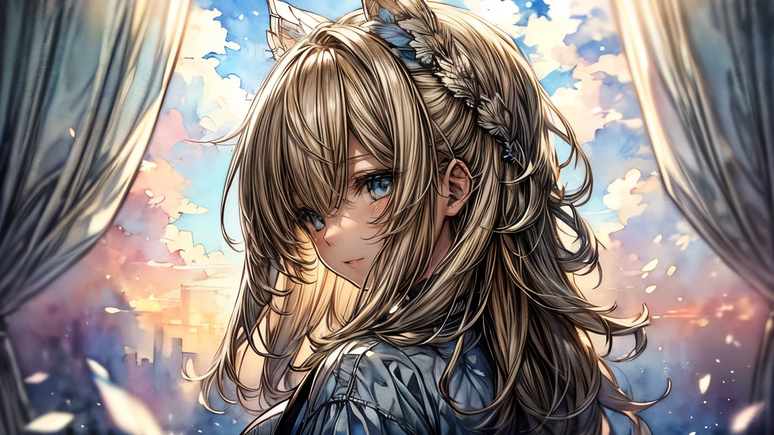 ((super detailed),sky background,beautiful clouds,The light from the back window is backlit.,element,Watercolor pattern in calm colors),(watercolor texture), ((1 girl),long gray hair,blonde hair,blue eyes,adorable,Angelic),light smile,ta prostitute,best image quality