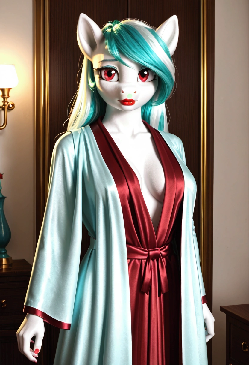 My little pony, (anthro), turquoise to white hair gradient, white body, red eyes, medium breasts, red lips, perfect lines, beautiful quality, room, very shy, wizard in Mage's robe, radiant light