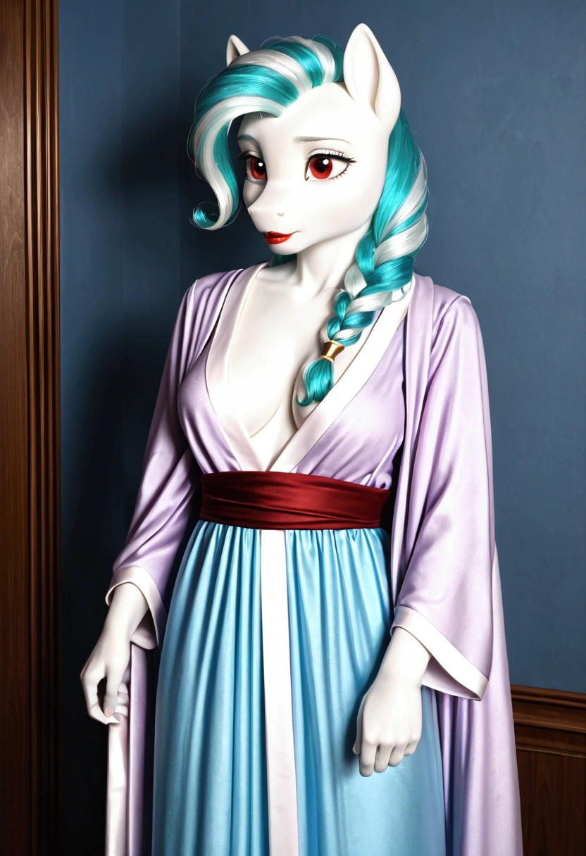 My little pony, (anthro), turquoise to white hair gradient, white body, red eyes, medium breasts, red lips, perfect lines, beautiful quality, room, very shy, wizard in Mage's robe, radiant light