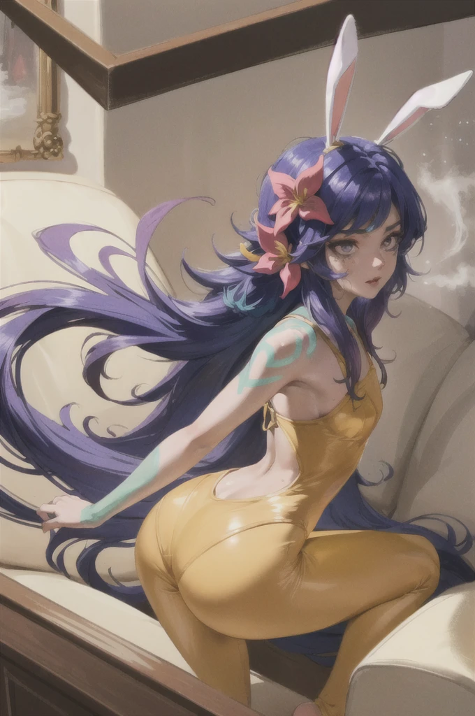 ((Cinematic light, Best quality, 8k, Masterpiece :1.3)), 1girl, Beautiful woman with thin abs :1.4, (purple hair, small breasts :1.3), rope panties, bra :1.2, hopefully falling, seductive open lips, sofa, ultra-detailed face, detailed eyes, double eyelidwork, best quality, Neeko, hair ornaments, hair flower, body paint, calango tail, trying to be sexy,(( golden bunnysuit)),  showing sweaty armpits, steamy, teasing, golden see-through pantyhose, tight, undersized clothes, ass view, pantyline, ass focus, back view