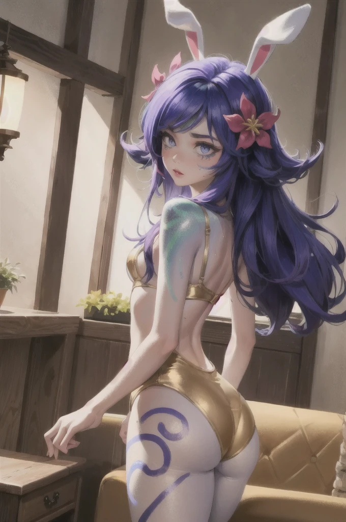 ((Cinematic light, Best quality, 8k, Masterpiece :1.3)), 1girl, Beautiful woman with thin abs :1.4, (purple hair, small breasts :1.3), rope panties, bra :1.2, hopefully falling, seductive open lips, sofa, ultra-detailed face, detailed eyes, double eyelidwork, best quality, Neeko, hair ornaments, hair flower, body paint, calango tail, trying to be sexy,(( golden bunnysuit)),  showing sweaty armpits, steamy, teasing, golden see-through pantyhose, tight, undersized clothes, ass view, pantyline, ass focus, back view