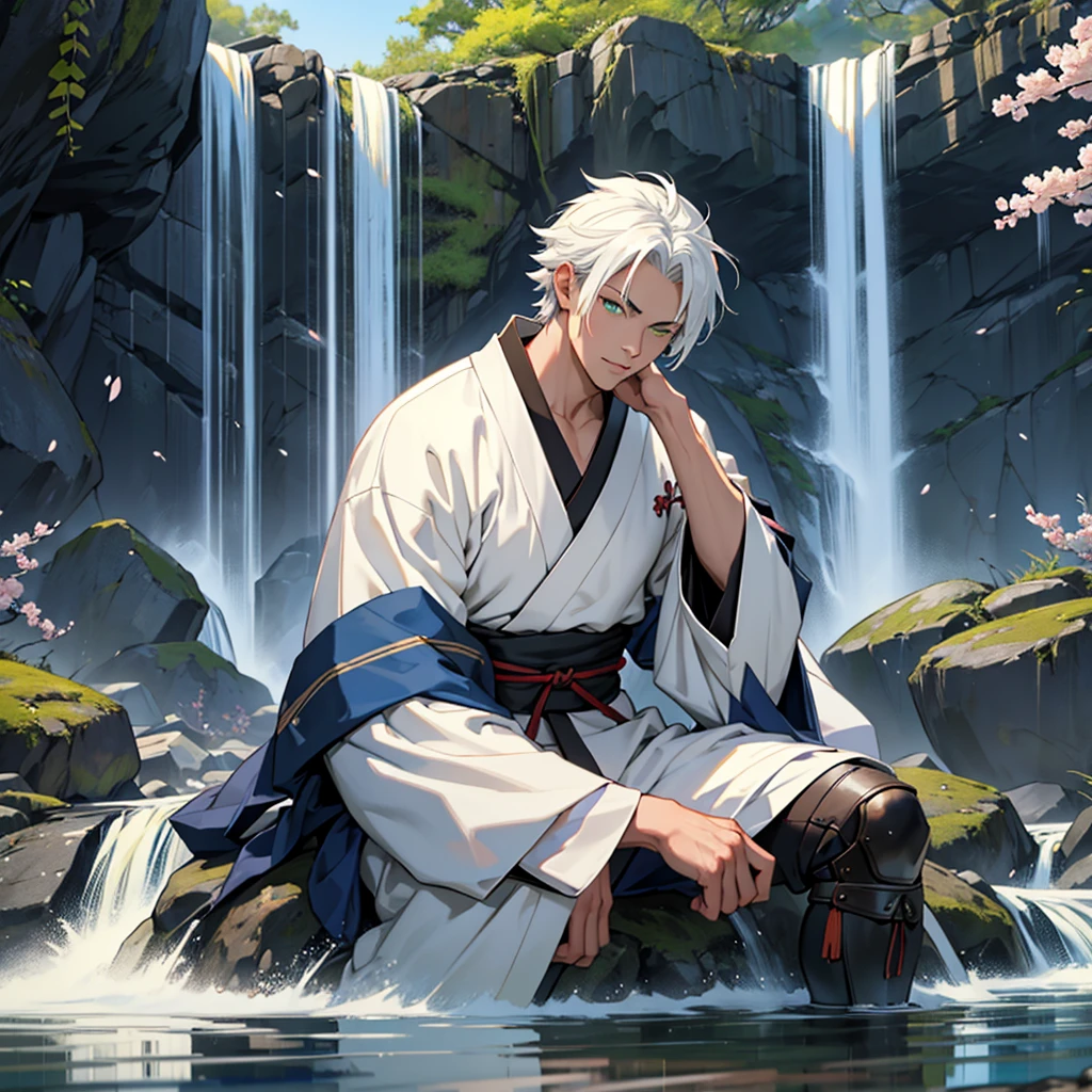 Make a 49 year old Samurai with white and dark blue striped hair and orange eyes sitting talking to a 28 year old boy with white hair and green eyes wearing a white kimono in front of a Japanese house surrounded by sakura with a waterfall in the background toned dark and medieval style