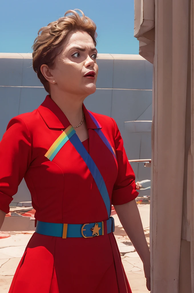 1 girl, realistic photo president of (dilm4), Super hero, dress, clear sky with rainbow, red uniform, Wind, brown hair, (best quality), absurd, realistic, cinematic lighting, daylight, outdoors free, professional photo, Hasselblad 50mm Lens