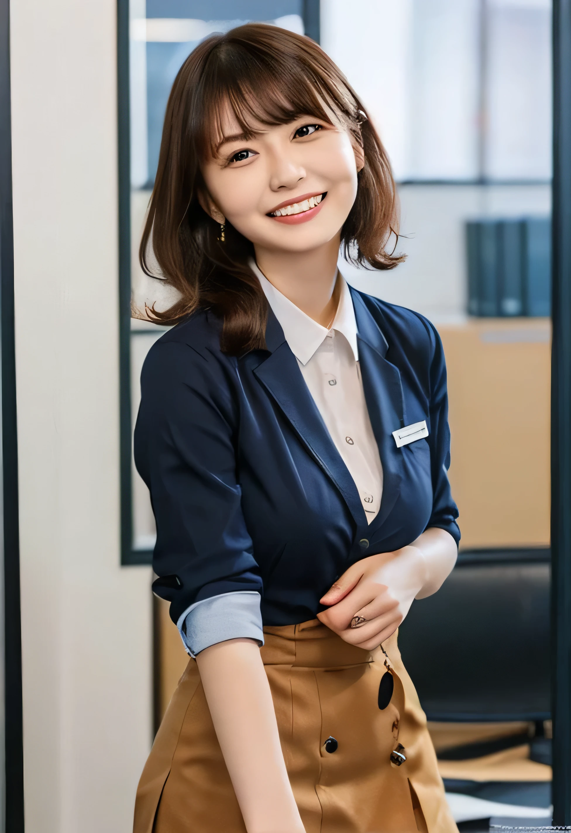 (White collared shirt、ponytail、Tied up hairstyle、Photo from the waist up:1.4).One Girl, Cool Biz、(Put your hands on the desk and stick your butt out、office、Her natural G-cup breasts are visible even through her clothes、Office Lady Uniform、Cute beauty, Delicate girl:1.3), (24-years-old:1.3),(Smiling with teeth showing、Cute smiling eyes、Cute loose perm、(Fluffy hair、Loose perm、Braid only the bangs:1.4)Braid only the bangs、Fluffy hair、Medium Short Hair、Wearing an office lady skirt、Round and ample breasts、Curved waist、Photo from the waist up:1.4)
Very beautiful eyes, (Office Lady Uniform:1.3), (G-cup big breasts:0.5), Brown eyes, Parted bangs, Light brown hair,
, A face of ecstasy、(The expression of ecstasy、A face of ecstasy:1.0),
, (masterpiece, Highest quality, Super detailed, Detailed face, 8k)
