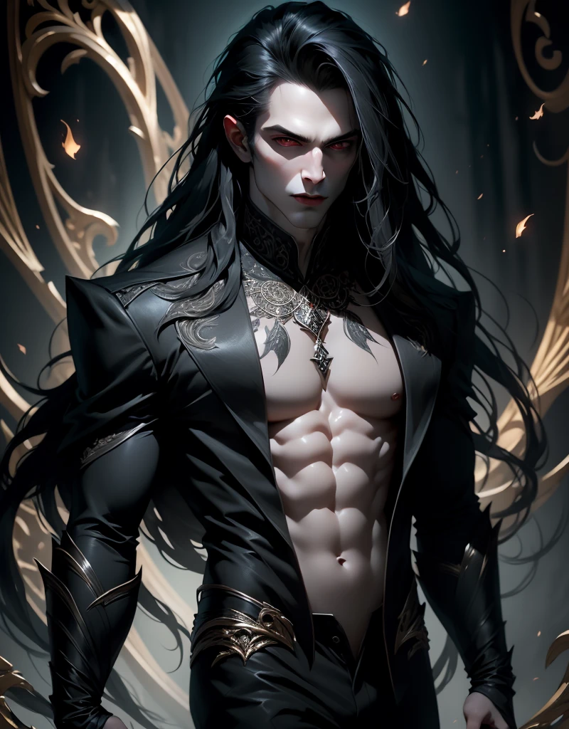 {anatomy}(Masterpiece - Ultra-detailed, very high resolution) Prepare to be enchanted by a true masterpiece that combines ultra-detailed art with high-resolution rendering. This work portrays a vampire man with long black hair (1.3) and captivating golden eyes (1.2), emanating an aura of mystery in dark settings. The intricate details and realistic textures invite you to explore every aspect of this enchanting composition. Vampire man. Black tunic. Serious expressions. Pale skin like a vampire. Walking, dynamic poses.