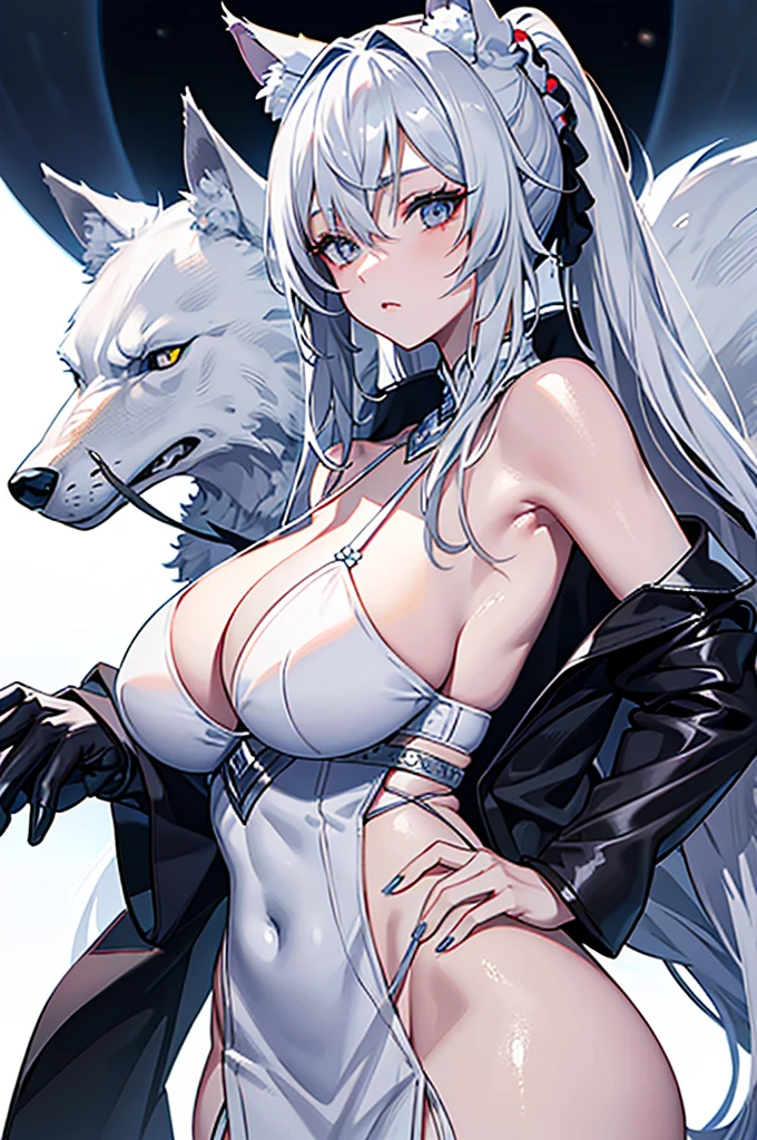 best qualtiy，tmasterpiece，The is very detailed，4K，Gray hair and shallow eyes，Drag cool expressions，Wolf ears，Erect scar on the left eye，British style，1girl，Absolutely beautiful, huge breasts, white costume, animal ear Scrunchie