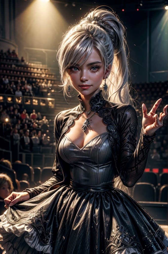 (masterpiece, best quality:1.2), cowboy shot, weissvale, smile, closed mouth,  looking at viewer, long white hair, side ponytail, scar above eye, scar below eye, silver gala dress,  jewelry, necklace, earrings, future_urban, standing in theater, holding microphone, orchestra, audience, crowd, (volumetric lighting), intricate details, tonemapping, sharp focus, hyper detailed 