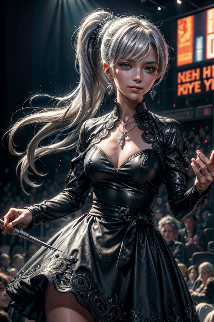 (masterpiece, best quality:1.2), cowboy shot, weissvale, smile, closed mouth,  looking at viewer, long white hair, side ponytail, scar above eye, scar below eye, silver gala dress,  jewelry, necklace, earrings, future_urban, standing in theater, holding microphone, orchestra, audience, crowd, (volumetric lighting), intricate details, tonemapping, sharp focus, hyper detailed 