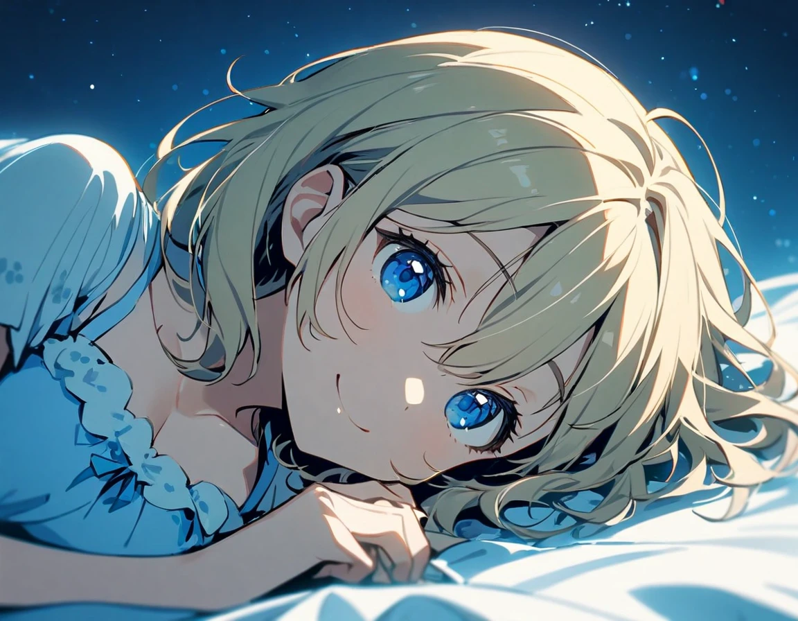 1girl,hair_between_eyes,wavy_short_hair,blonde hair,blue eyes,tareme,large breasts,smile,upper body,Sleepdress,lying on bed,laying on one side,side view,looking at viewer,midnight,blue theme
