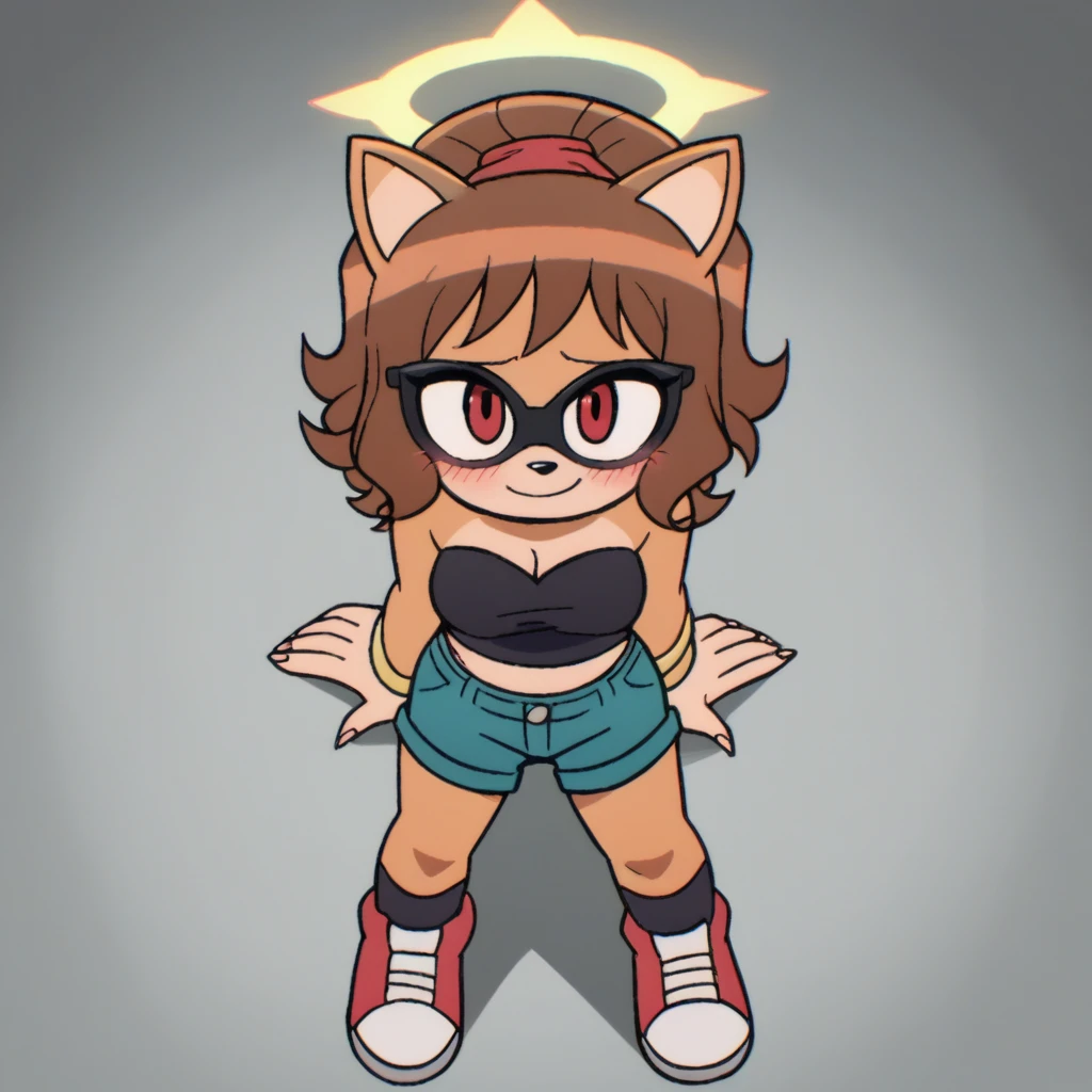 score_9, score_8_up, solo, mobian, hedgehog, two-tone fur ((orange fur, brown fur)), pyjama elastic shorts, strapless crop top, cleavage, high-top sneakers, two-tone hair (brown hair, black tip)), curly hair, halo, sunglasses, jewelry, red eyes, longeyelashes, red eyes, smile, shy, blush