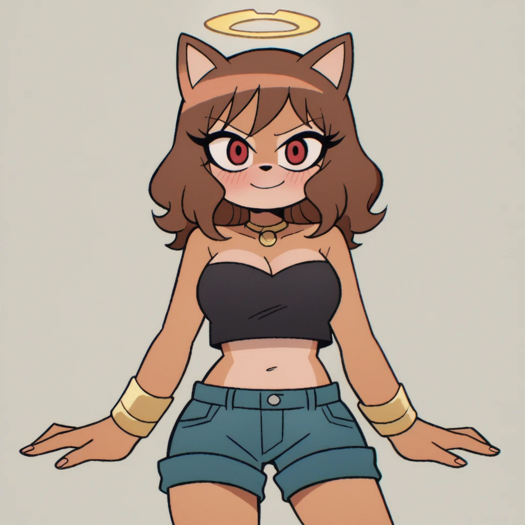 score_9, score_8_up, solo, mobian, hedgehog, two-tone fur ((orange fur, brown fur)), pyjama elastic shorts, strapless crop top, cleavage, high-top sneakers, two-tone hair (brown hair, black tip)), curly hair, halo, sunglasses, jewelry, red eyes, longeyelashes, red eyes, smile, shy, blush