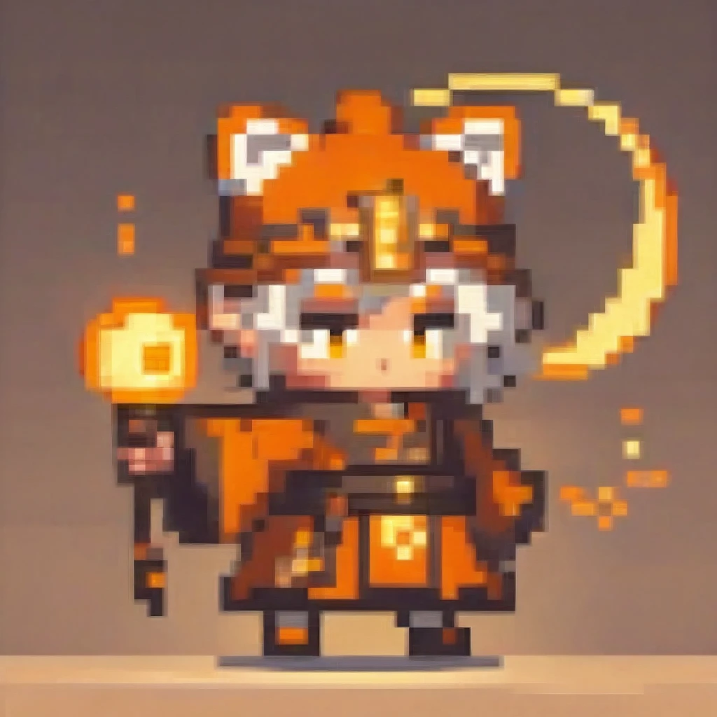  A chibi male character in orange and brown monk robes from an eastern fantasy, wielding a glowing staff. He has tiger ears and a tail, glowing golden eyes, and small spiraled horns. The staff glows with a wind elemental effect, and he is in a dynamic martial arts pose. The scene features cinematic lighting and moody colors, in a detailed digital art, concept art style.