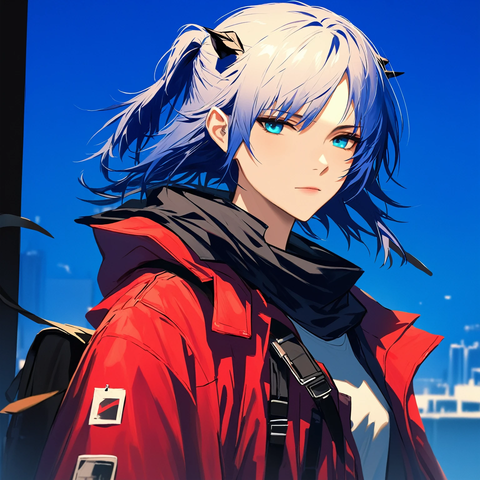 (woman), ((Mostima from arknights)), masterpiece, best quality, blue hair, ((short hair)), ((pony tail hair)), horns, plain white shirt, red fullbody coat, dark blue eyes, realistic anime style, faint smile, ((portrait)), black gloves, carring a bag.