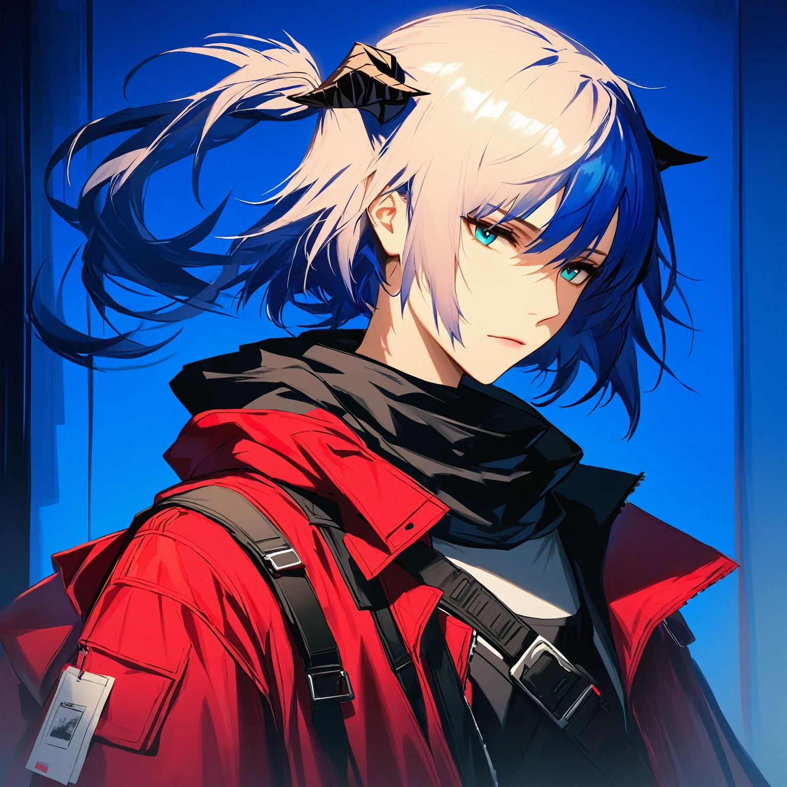 (woman), ((Mostima from arknights)), masterpiece, best quality, blue hair, ((short hair)), ((pony tail hair)), horns, plain white shirt, red fullbody coat, dark blue eyes, realistic anime style, faint smile, ((portrait)), black gloves, carring a bag.