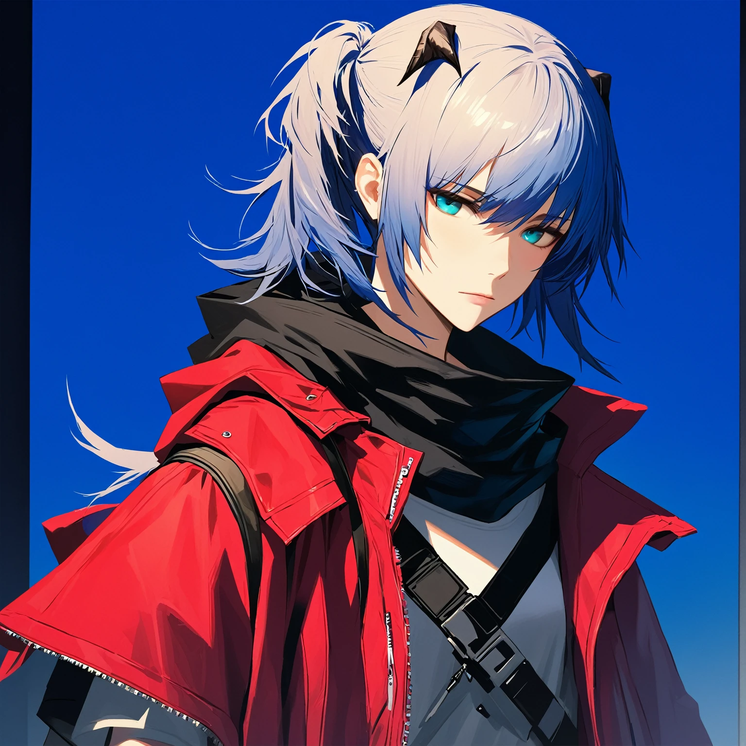 (woman), ((Mostima from arknights)), masterpiece, best quality, blue hair, ((short hair)), ((pony tail hair)), horns, plain white shirt, red fullbody coat, dark blue eyes, realistic anime style, faint smile, ((portrait)), black gloves, carring a bag.