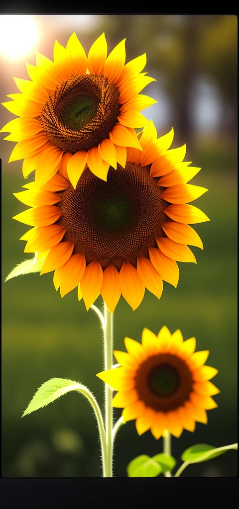 1.3D sunflower image that appears to be floating on the mobile screen, 3d hdr, details, hyperdetailed:1.2), Vignette, centered, illusion magic eyes