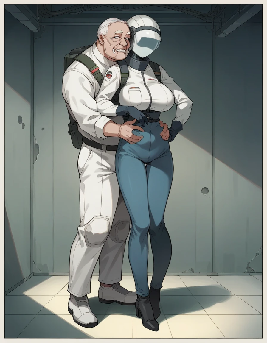 Masterpiece, best quality, Masterpiece, best quality, 1 woman, astronaut suit , wear a hat , big breasts , abdomen , Long legs , Put your hands on your hips... , shoe , 1 man , old man , Dry skin , Waist hug , molest , full body , abandoned factory , at night