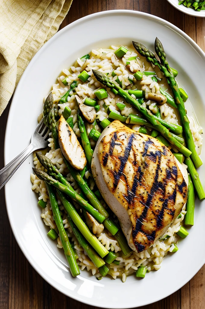 A dish that has grilled chicken in Velouté sauce with asparagus and mushroom risotto