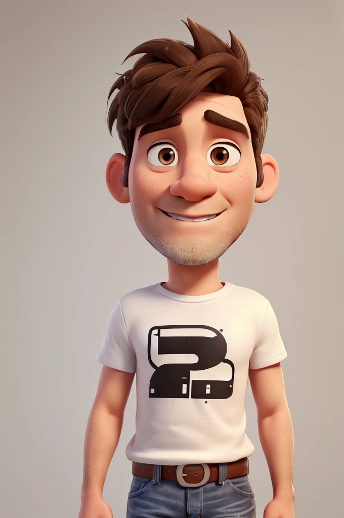 white man, 40 years old, bad face, shaved beard, short messy brown hair, brown eyes, white t-shirt, jeans, black sneakers with white stripes, high definition, Pixar 3D style, 16k