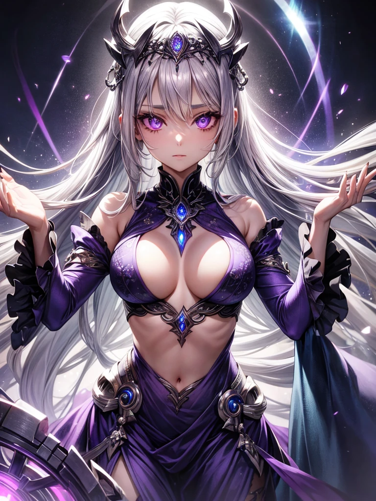 Beautiful female, silver hair, purple glowing eyes, goddess