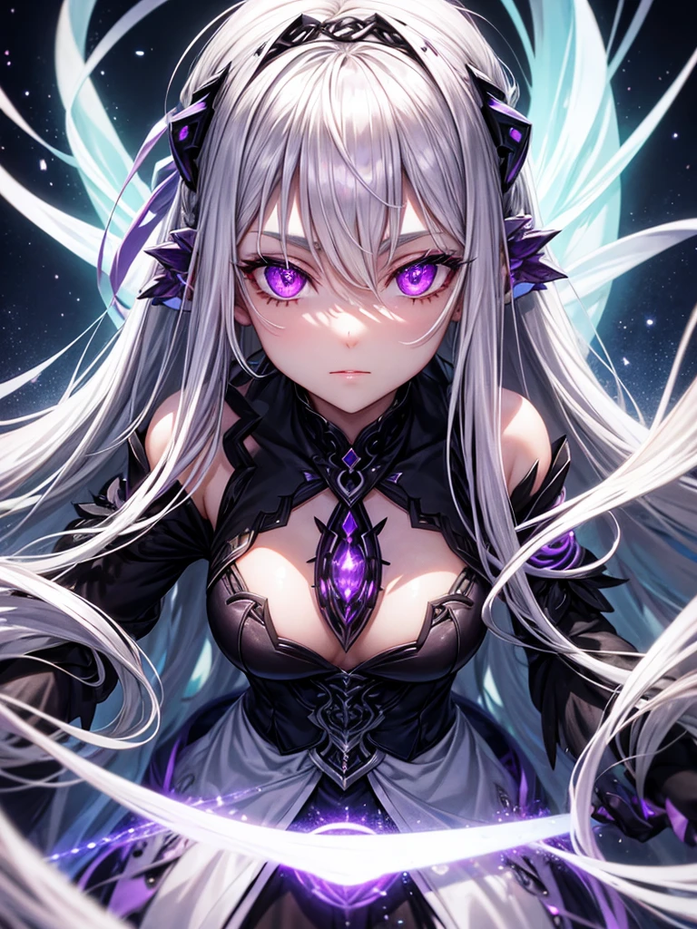 Beautiful female, silver hair, purple glowing eyes, goddess