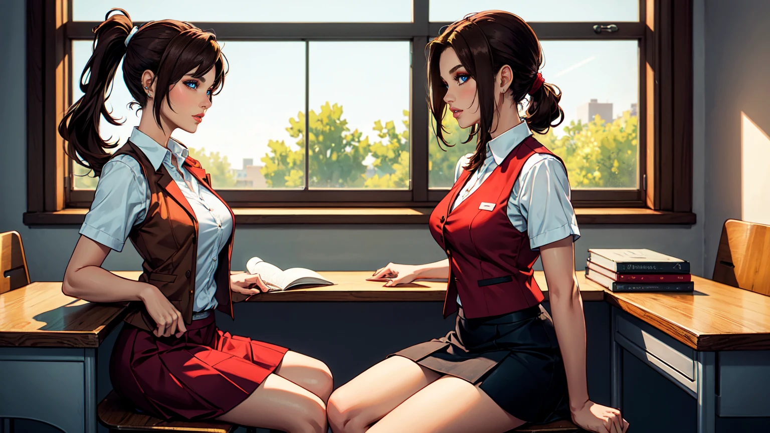 Women, Brown Hair, Brown Long Ponytail, bronw eyes, red Vest, white shirt, Red lon skirt, sits at the desk, in a Room,