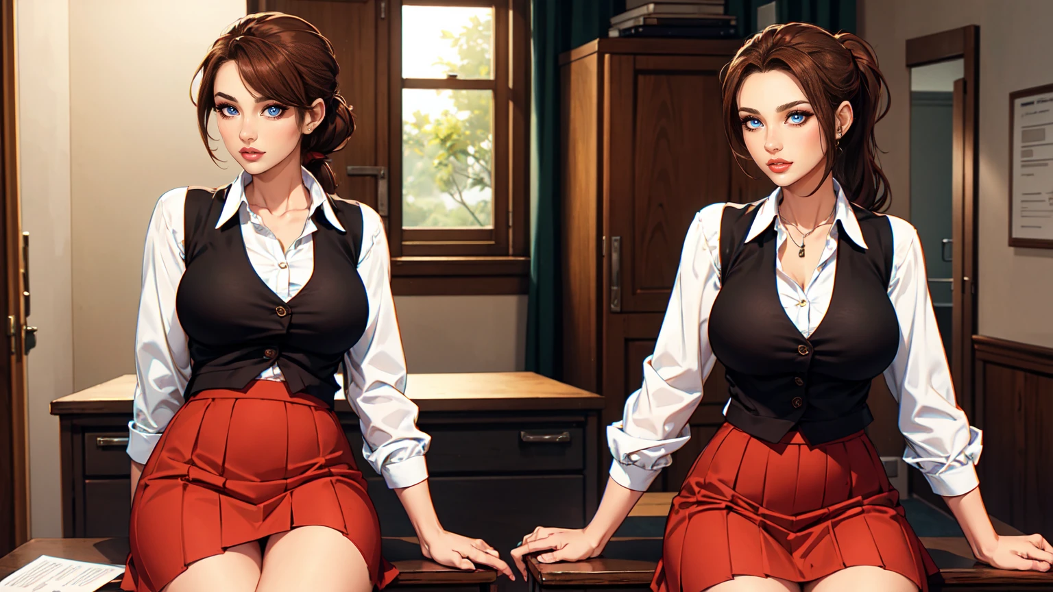 Women, Brown Hair, Brown Long Ponytail, bronw eyes, red Vest, white shirt, Red lon skirt, sits at the desk, in a Room,