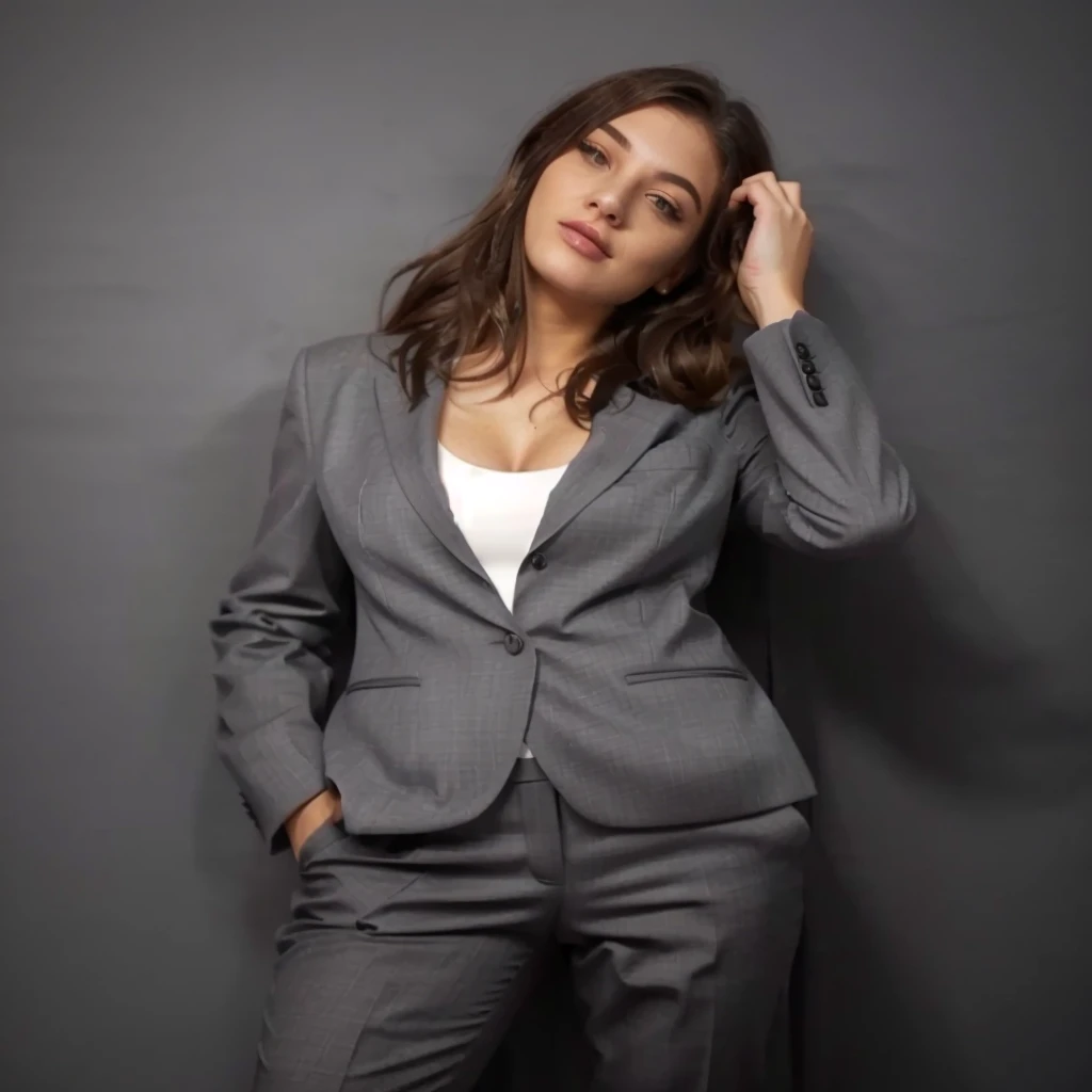 woman in a gray suit posing for a picture with her hand on her head, girl in suit, girl in a suit, woman model, woman in business suit, wearing fashion suit, wearing a business suit, stylish suit, business clothes, elegant suit, wearing business suit, business suit, in a business suit, business woman, suit, in a suit, tailored clothing