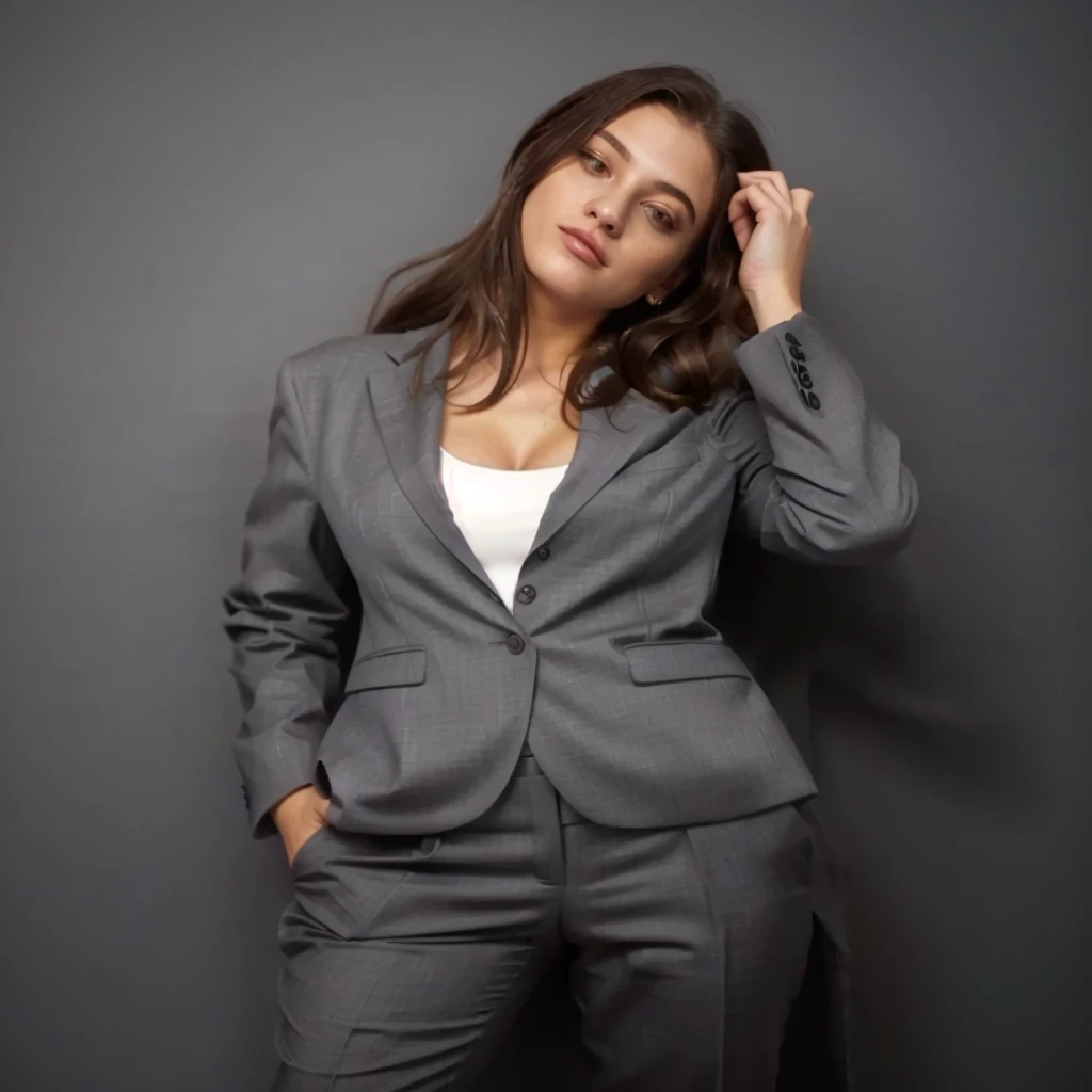 woman in a gray suit posing for a picture with her hand on her head, girl in suit, girl in a suit, woman model, woman in business suit, wearing fashion suit, wearing a business suit, stylish suit, business clothes, elegant suit, wearing business suit, business suit, in a business suit, business woman, suit, in a suit, tailored clothing